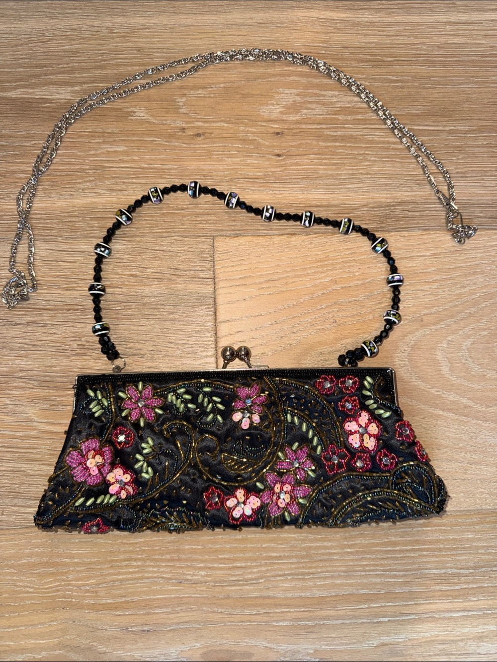 Vintage Black Beaded Floral Evening Clutch